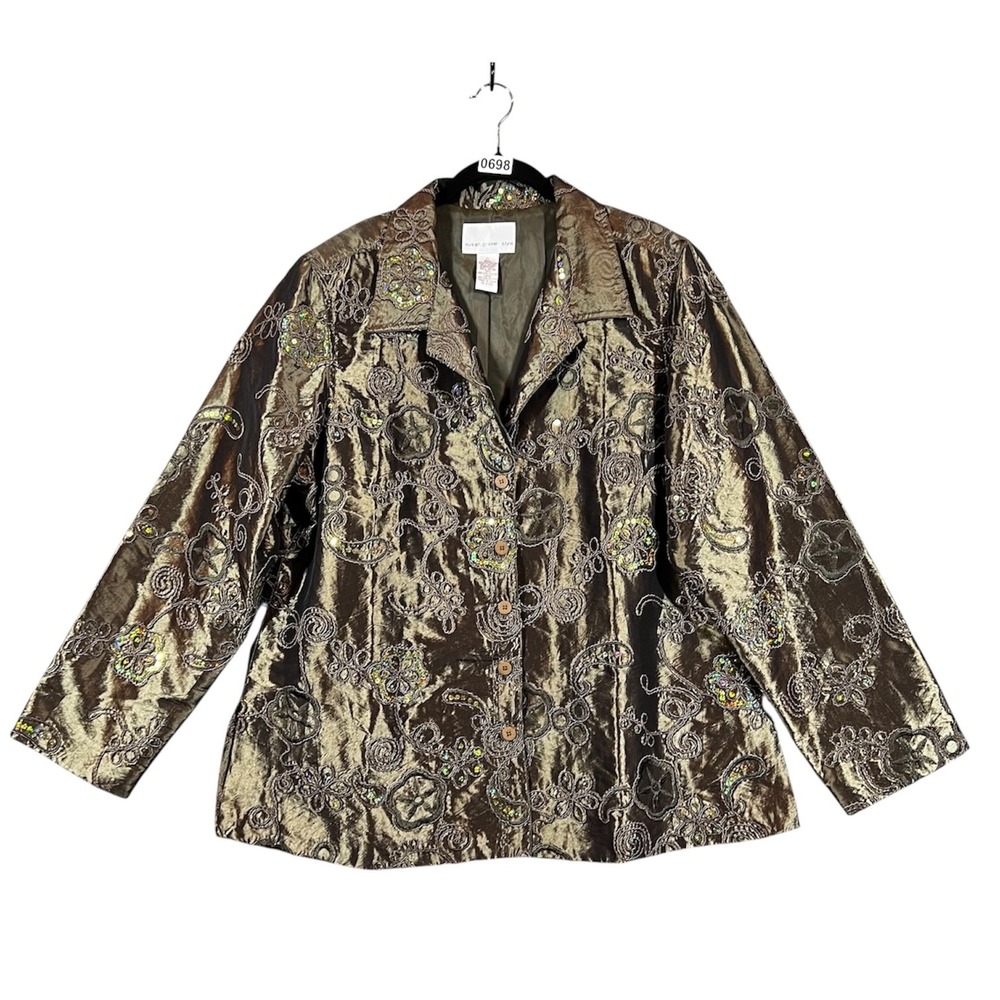 Susan Graver Style Jacket Blazer‎ Women's XL Olive Green Embroidered Sequins